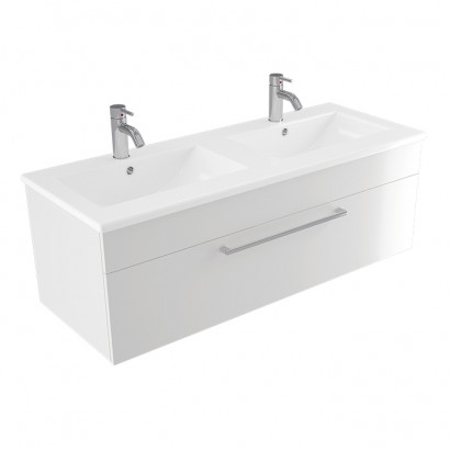 VERONA WALL VANITY 1200 DOUBLE BOWL 1 X DRAWER - CURVED VITREOUS CHINA DEZIGNA WHITE GLOSS 29400